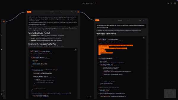 The image displays a coding interface with two sections discussing worker pools and concurrency in programming.
