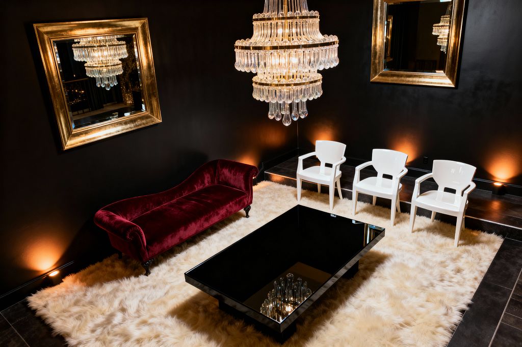 An opulent living room with black walls features a tiered crystal chandelier and two large square mirrors in gilded frames, with a curved burgundy velvet sofa on a cream shag rug facing three glossy white armchairs. A low rectangular coffee table with a black mirrored top reflects the chandelier as warm uplights wash the walls and dark stone flooring frames a glamorous, high-contrast Hollywood Regency scene.