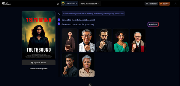 The image features a project setup interface for a film titled 'Truthbound' with character options displayed.