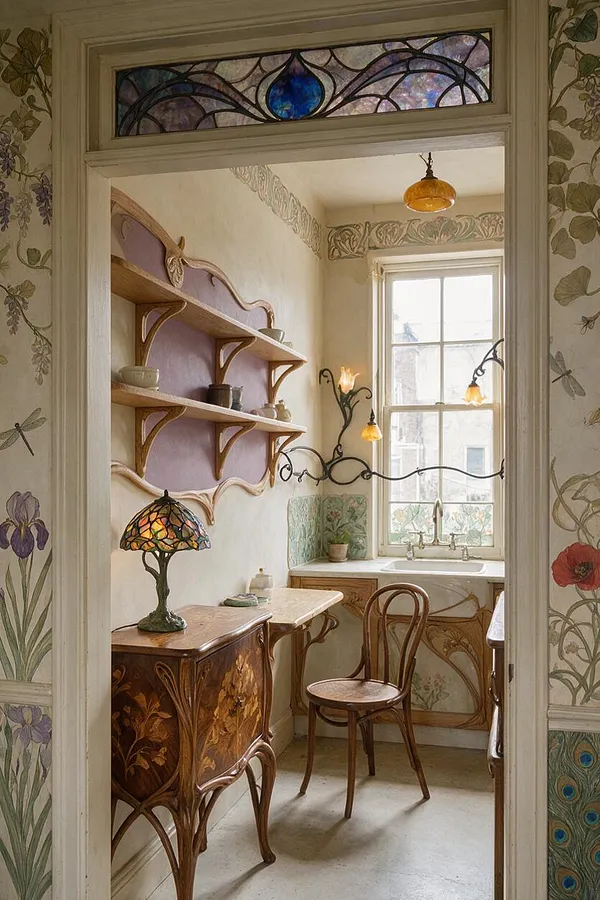 A narrow Art Nouveau kitchen with floral wallpaper, curving wood shelves, and a decorative stained-glass transom above the doorway. The room features a sculptural wooden chair, a carved cabinet, a white sink beneath a bright window, and amber glass pendant and table lamps with organic ironwork details.