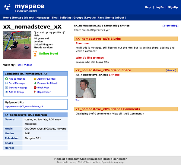 Screenshot of a retro-style MySpace profile generator interface with various editable personal sections.