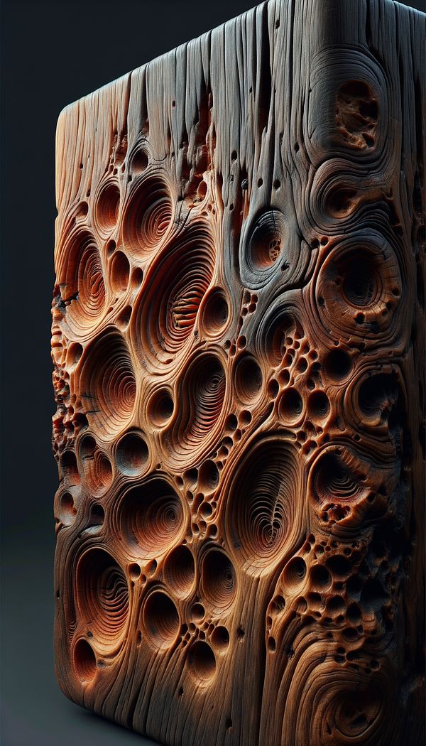 a piece of wooden furniture with visible worm holes, accentuating its antique appearance
