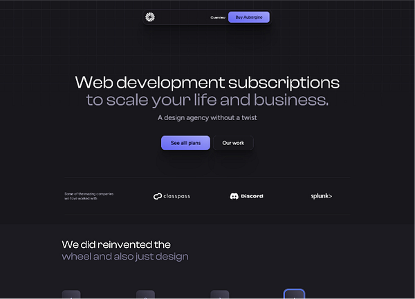 The image displays a website interface promoting web development subscriptions with an aubergine theme.