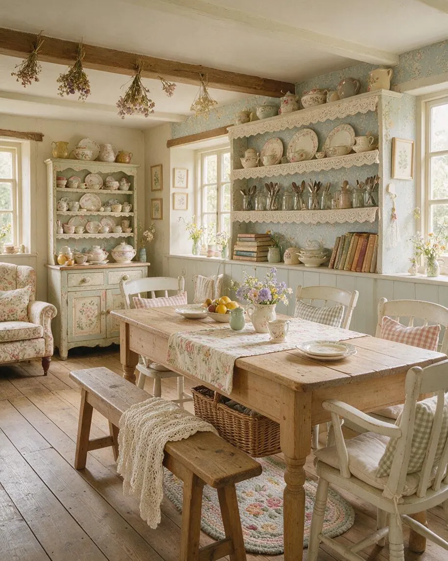 A cozy cottagecore dining room with a rustic wooden table, painted chairs, a wooden bench, and open shelving filled with floral china and glassware. Soft blue walls, exposed beams, lace-trimmed shelves, dried flowers, and daylight from the windows create a warm, nostalgic atmosphere.