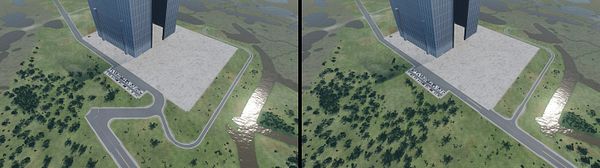 Comparison of two road layouts near a tall building showing one road with a sharp curve and the other with a smoother straight path.