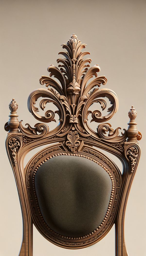 A close-up image of a beautifully carved wooden crest rail at the top of an elegant chair back, showcasing intricate details and craftsmanship.