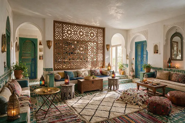 A Moroccan-style basement lounge with white plaster walls, carved arches, teal and blue painted doors, and an ornate wooden lattice screen centered on the back wall. Low sofas with patterned cushions surround carved tables, lanterns, poufs, and layered rugs in warm earth tones and jewel colors.