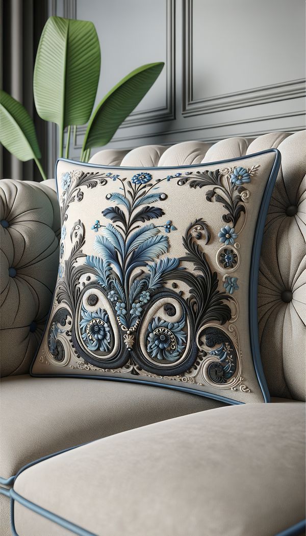 A close-up image of a decorative pillow with contrasting blue piping along the edges, set on a neutral-colored sofa.