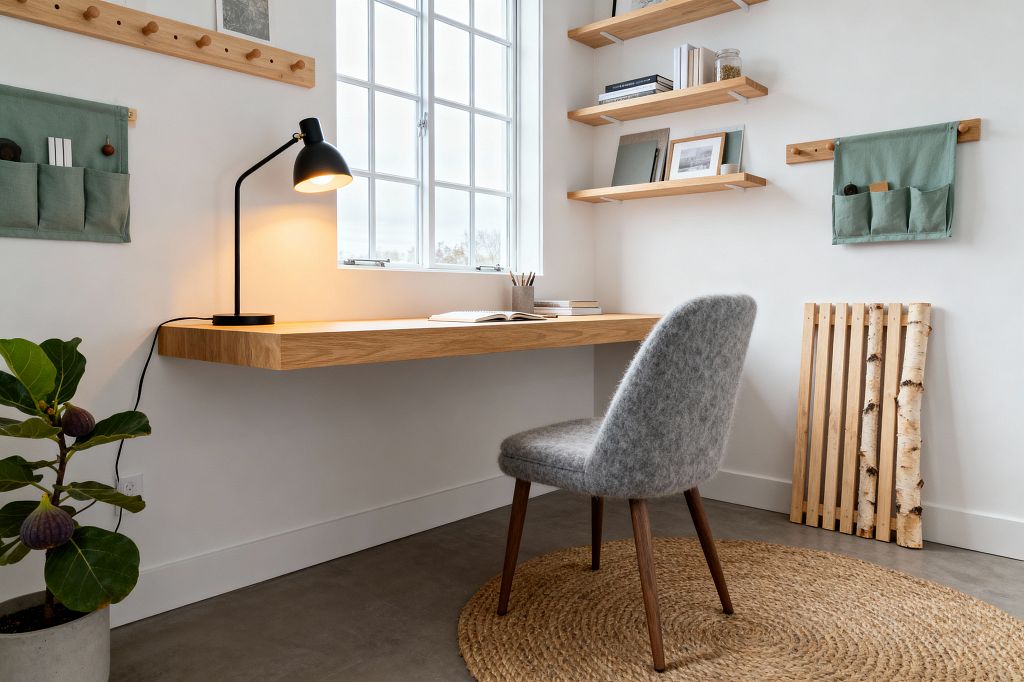 An airy Scandinavian home office shows a floating oak desk beneath a multi-pane window, lit by a black metal task lamp, with a gray wool-upholstered chair on a round jute rug over a smooth concrete floor. Open oak shelves on white brackets hold books and a framed photo, peg rails support sage green canvas organizers, and a potted fiddle-leaf fig and birch logs add natural accents against warm white walls.