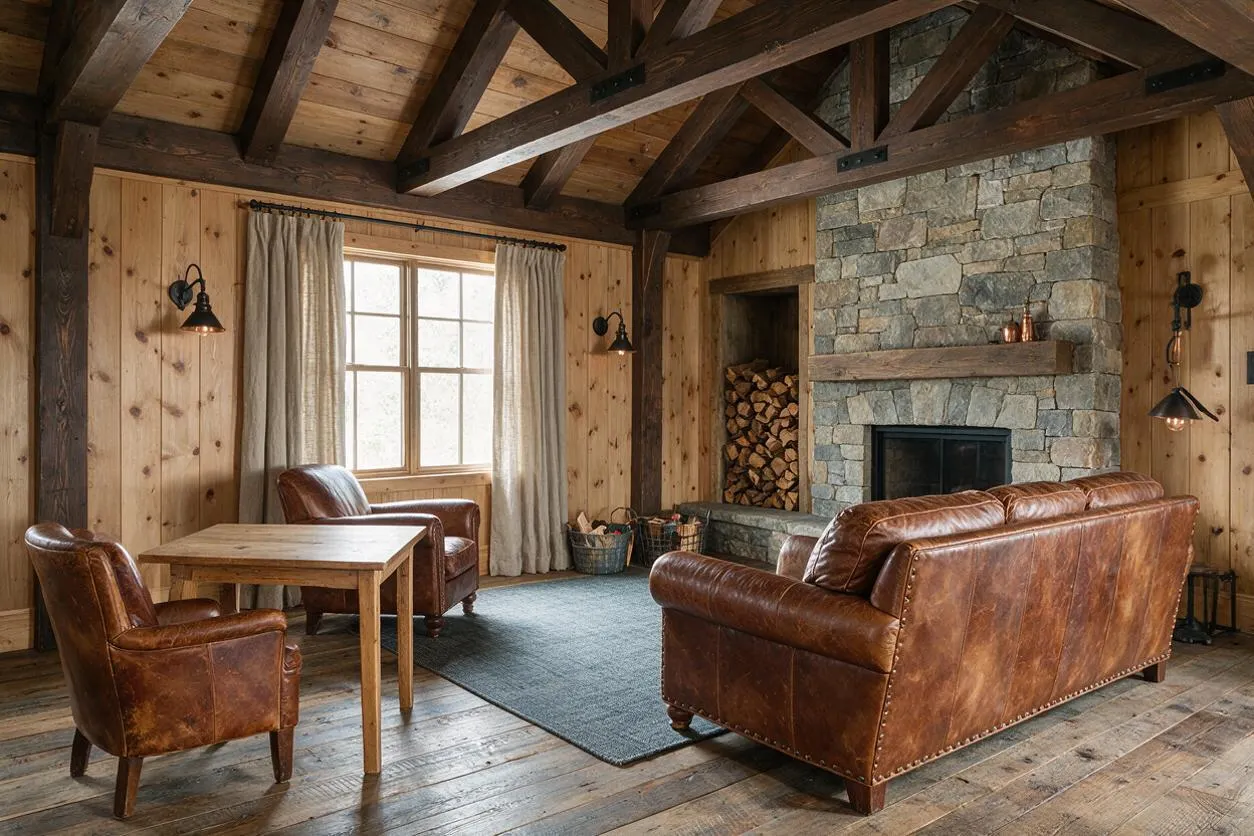 A rustic game room with wood-paneled walls, exposed timber beams, and a stone fireplace centered on the far wall. Brown leather seating, a small wooden table, and a gray area rug create a warm, lodge-like gathering space with natural textures and soft wall sconces.
