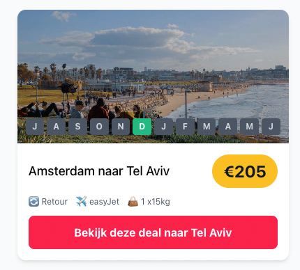 A promotional card for a flight deal from Amsterdam to Tel Aviv.