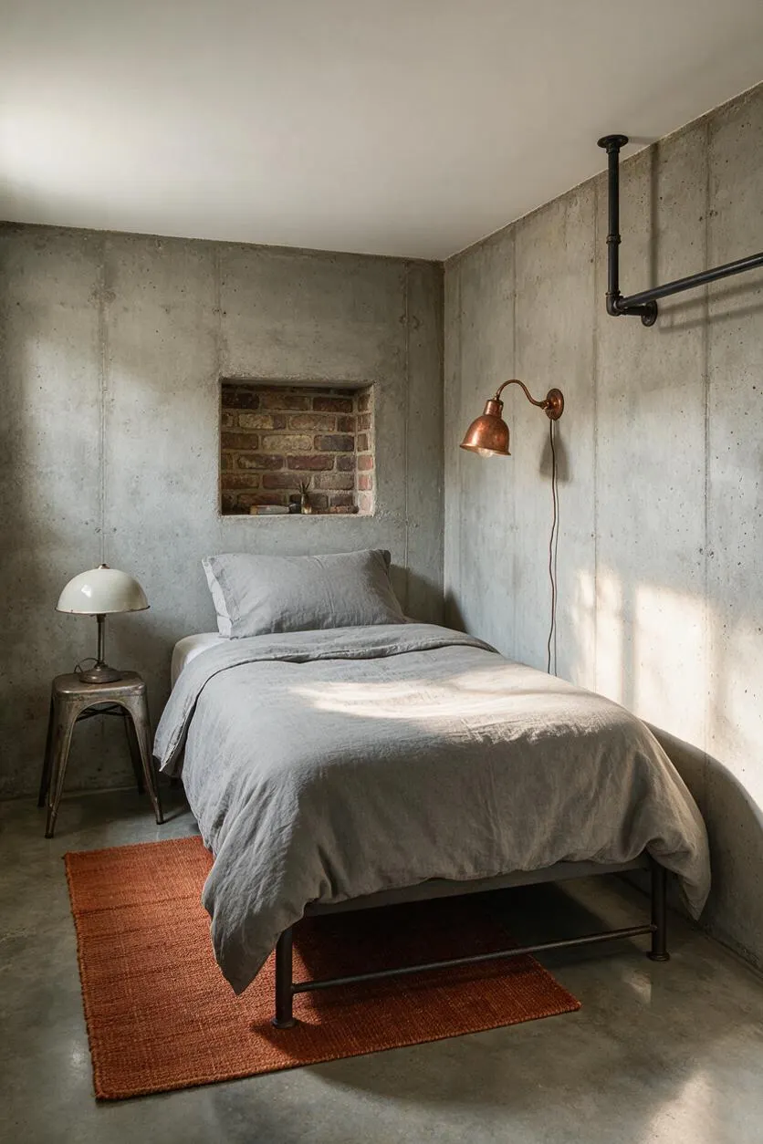 A small guest bedroom with raw concrete walls and floor, a simple metal-framed bed dressed in soft gray bedding, and an orange woven rug beneath it. Industrial accents include exposed black pipework, a copper wall sconce, a metal side table with a dome lamp, and a brick-lined recessed niche in the wall.