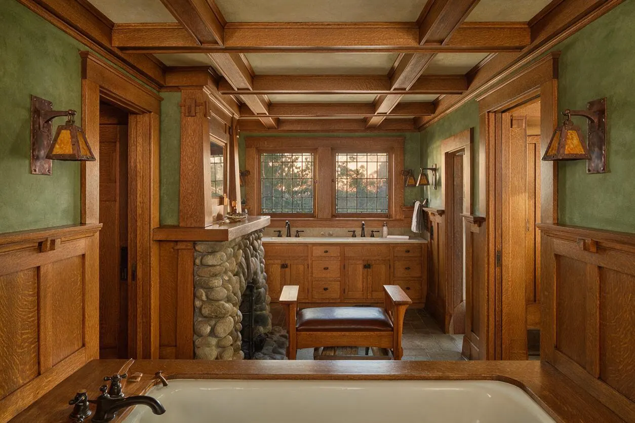 A Craftsman-style master bathroom with warm wood paneling, exposed coffered ceiling beams, and green walls. The room features a stone-faced fireplace, a built-in wood vanity with dual sinks and a large window, wall sconces, and a clawfoot-style tub in the foreground.