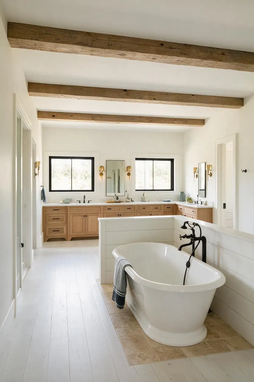 A spacious farmhouse-style master bathroom with white walls, rustic exposed wood ceiling beams, and a long natural wood vanity beneath two black-framed windows. In the foreground, a freestanding white soaking tub sits on a tiled platform with a black floor-mounted faucet and a towel draped over the side.