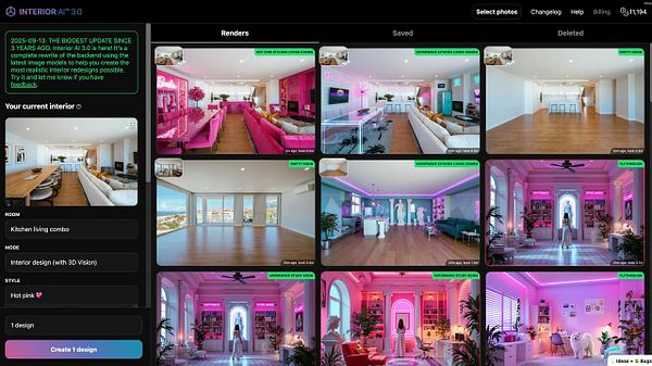 The image displays a user interface for the Interior AI 3.0 application, showcasing various interior design renderings.