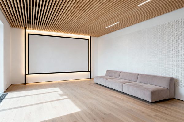 A minimalist media room with a large projection surface framed in matte black and softly backlit, set against white walls. A long, low taupe sofa lines a wall of perforated acoustic panels, while a slatted light-oak ceiling with slim recessed lights complements pale oak floors; daylight enters from the left, highlighting the clean lines and uncluttered layout.