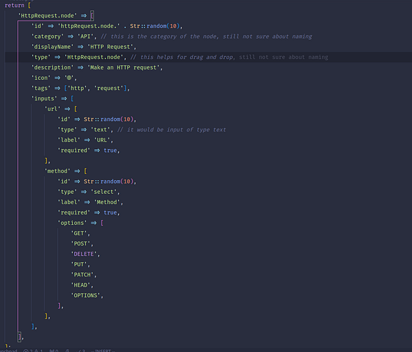 The image displays a code snippet for creating a dynamic form for an HTTP request node.