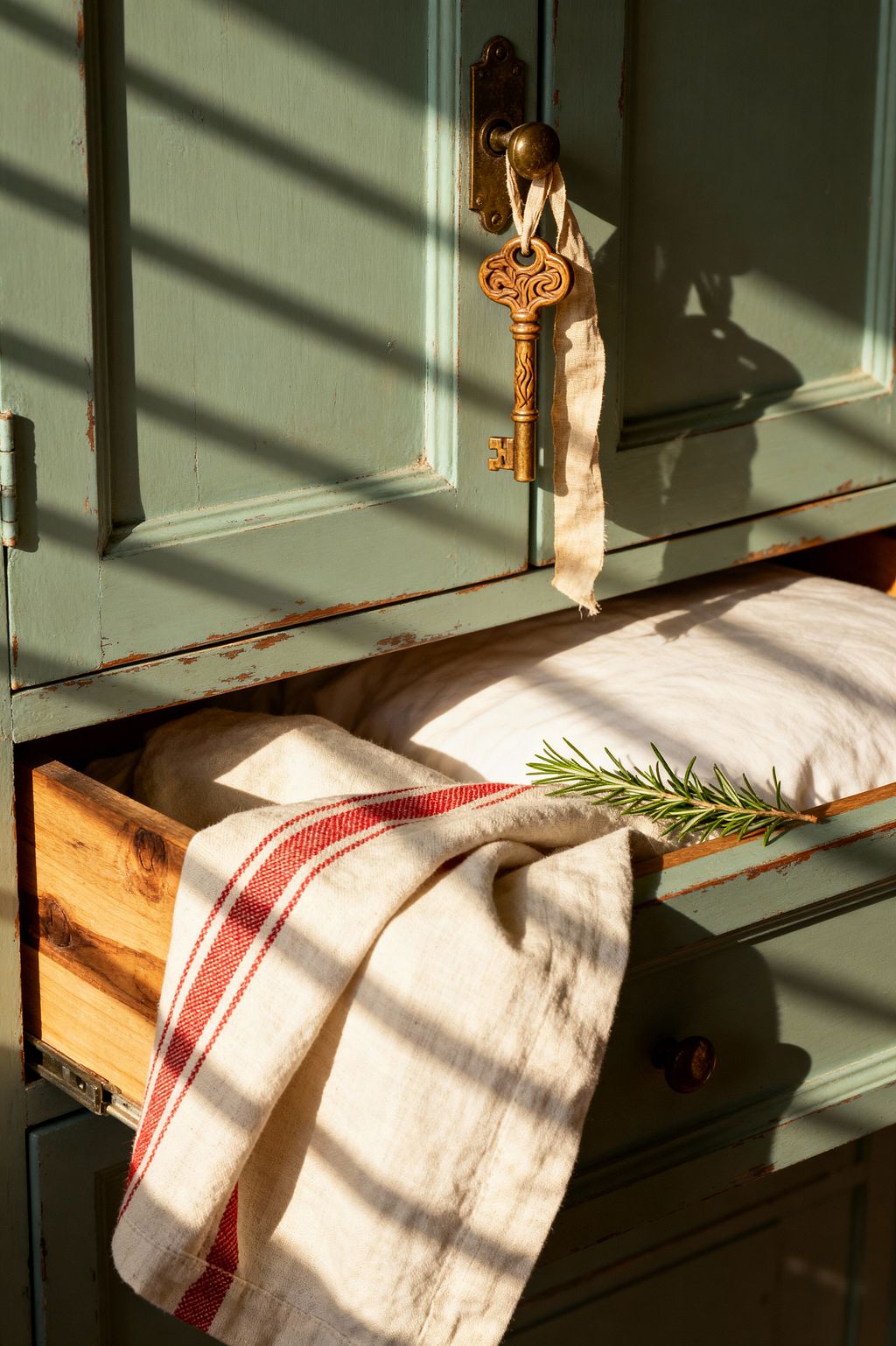 Close-up of a distressed sage-green armoire with paneled doors and a brass escutcheon, its round knob holding an ornate brass key tied with a linen ribbon. An open lower drawer in knotty pine reveals a white linen cushion; a natural flax grain-sack cloth with red stripes drapes over the edge beside a sprig of rosemary. Slanted sunlight casts narrow shadows, emphasizing the chippy paint, warm wood, and aged metal details.