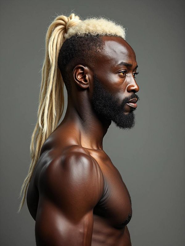 A muscular man with a unique hairstyle poses in profile against a neutral background.