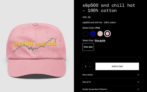A pink cap featuring the phrase 'S&P500 and chill' with a stock market graph design.