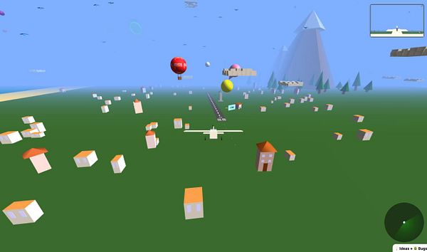 A colorful, low-poly 3D landscape featuring houses, balloons, and a mountain.