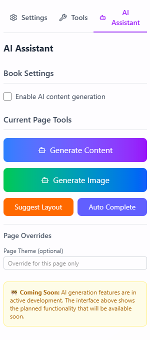 The image displays a user interface for an AI Assistant tool with various content generation options.