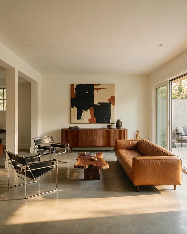 A modern basement living room with a caramel leather sofa, two black leather and chrome lounge chairs, a live-edge wood coffee table, and a slatted walnut sideboard beneath abstract wall art. Large sliding glass doors bring in natural light, while polished concrete floors and white walls keep the space clean and airy.