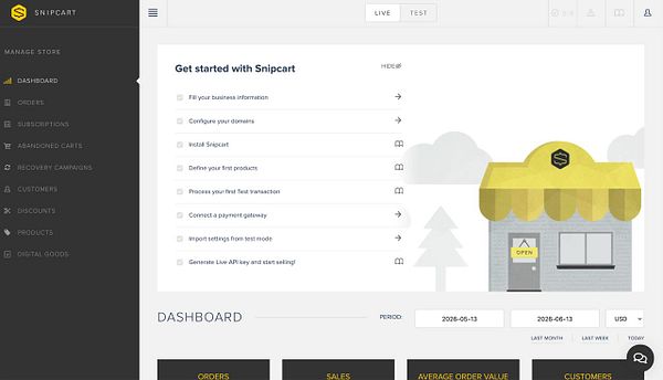 Dashboard interface of Snipcart showing the setup checklist and store management menu for managing online store operations.