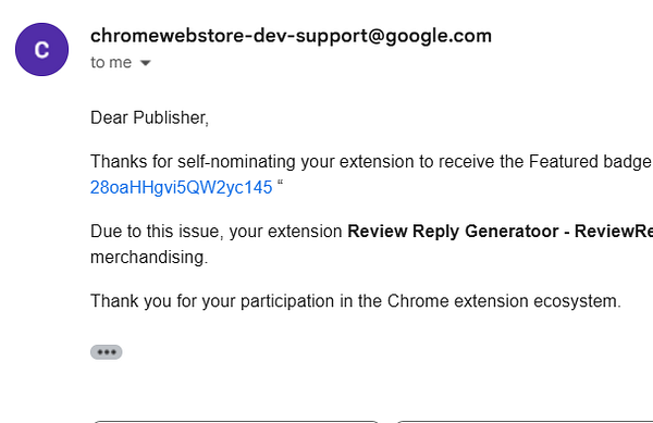 An email notification regarding the decline of a Featured badge for a Chrome extension.