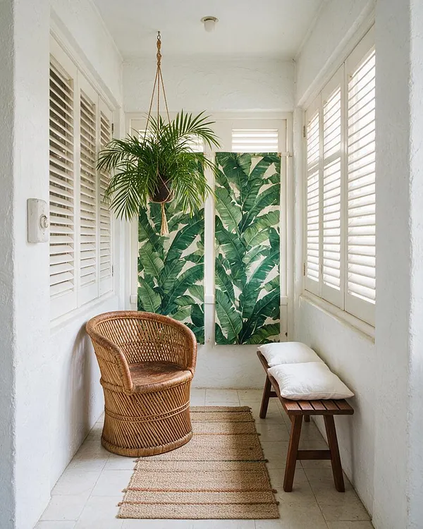 A narrow front porch in a tropical style with white walls and white louvered shutters on both sides. A hanging potted palm, a wicker chair, a small wooden bench with white cushions, a striped natural rug, and a leafy green banana-print panel create a relaxed coastal look.