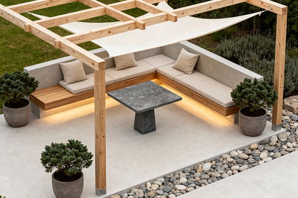 An outdoor Scandinavian patio with a light wood pergola and off-white sail shade over an L-shaped concrete bench. The seat combines slatted wood and beige cushions with a warm LED strip glowing beneath. A square dark gray stone pedestal table rests on smooth pale concrete paving. Large gray concrete planters with compact evergreens frame the seating, while a strip of rounded river stones edges the terrace, with lawn and shrubs beyond.