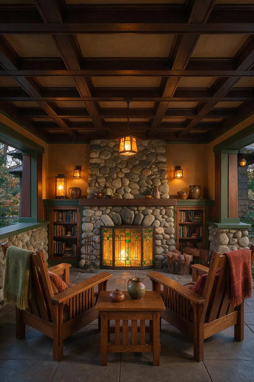 A covered Craftsman-style patio with a coffered dark wood ceiling, a central river rock fireplace, and warm amber lantern lighting. Wooden armchairs with woven throws sit around a small wood table in front of built-in bookcases and earthy green trim.