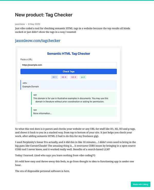 A screenshot of a web tool called 'Semantic HTML Tag Checker' designed to analyze HTML tags on a website.