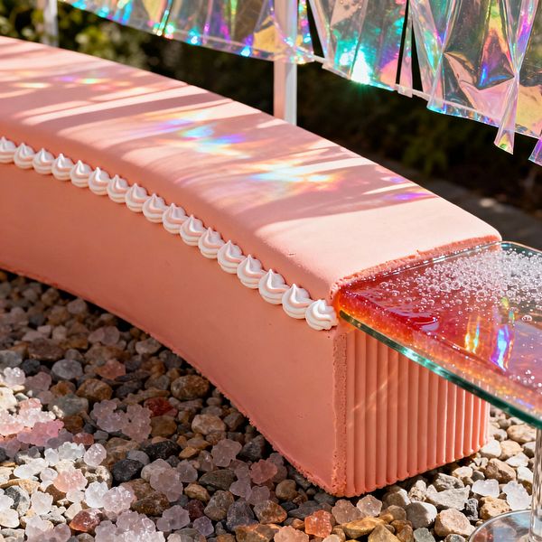 Close-up of a playful outdoor vignette: a curved bubblegum-pink bench with piped white frosting-like trim and ribbed end sits on mixed pebbles and pink crystal-like gravel. A cantilevered cherry-red glass slab with a glossy, bubble-speckled surface extends from the bench as iridescent plastic fringe above casts rainbow reflections across the seat in bright sunlight.