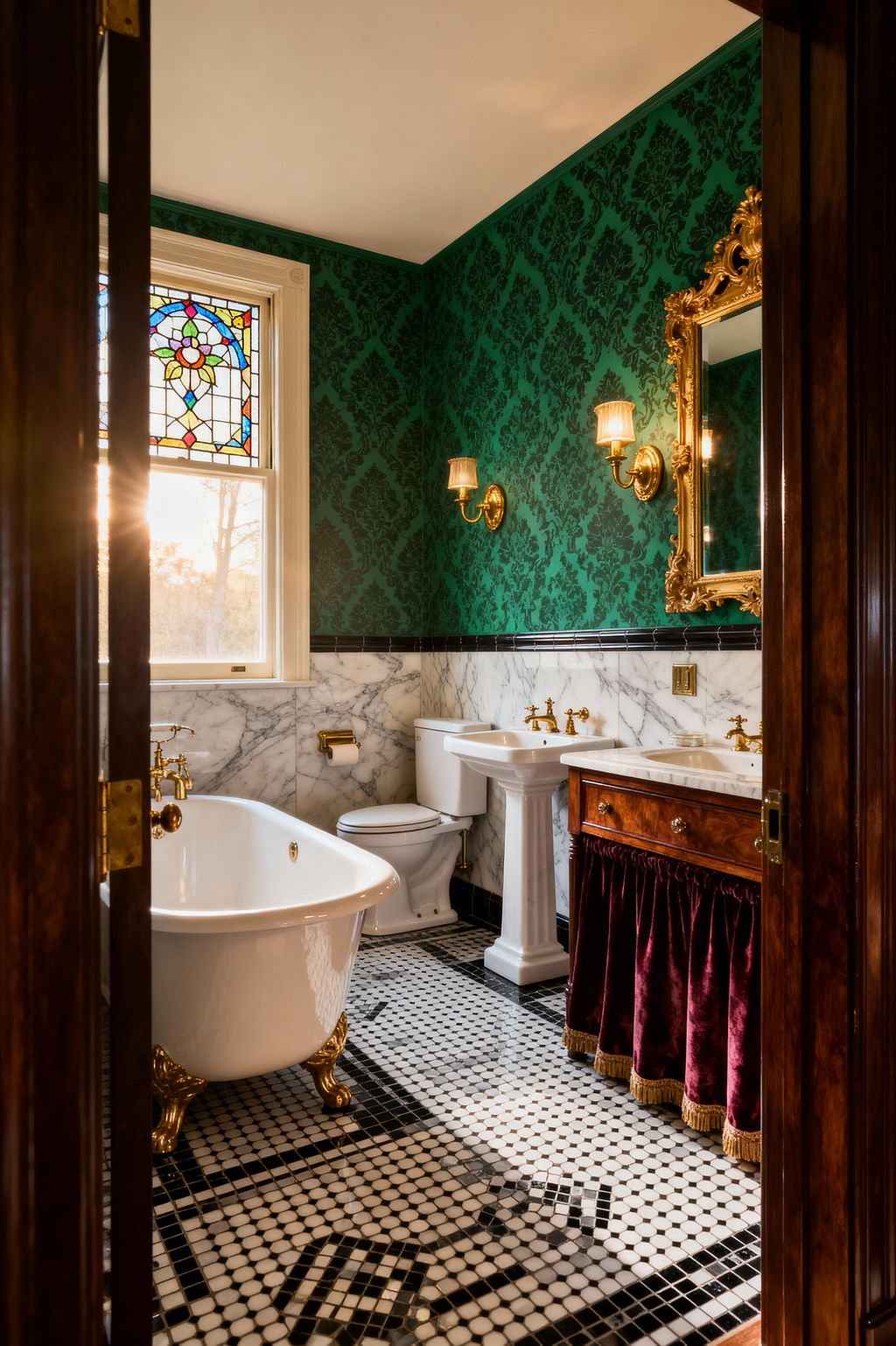 A richly detailed Victorian bathroom with emerald green damask wallpaper above gray-veined marble wainscoting. A white clawfoot tub with gold feet sits on a black-and-white mosaic tile floor. A pedestal sink and a marble-topped wood vanity with a burgundy velvet skirt face an ornate gilded mirror, flanked by brass sconces with pleated shades. A stained-glass window brings warm light, and brass taps and fittings complete the period look.