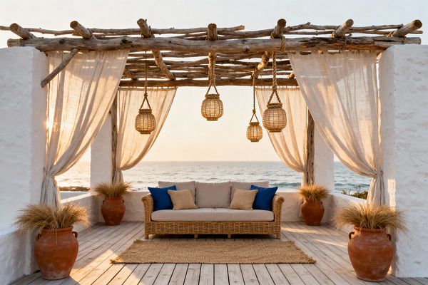 An open-air coastal patio faces the sea beneath a pergola made from driftwood logs, with sheer linen curtains tied to whitewashed stucco columns. A rattan sofa with beige cushions and blue throw pillows sits on a jute rug over weathered gray decking; four rope-hung wicker lanterns and terracotta urns with dried grasses add texture as warm sunset light washes the scene.