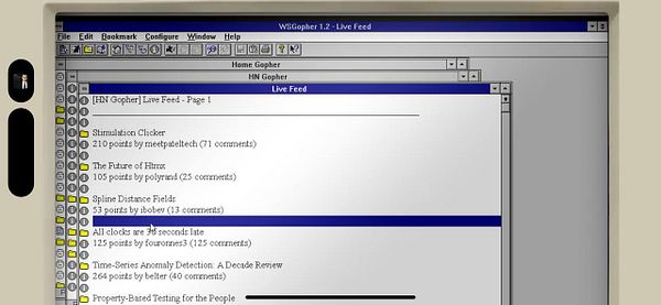 The image displays a vintage computer interface showing a live feed from a Gopher server.