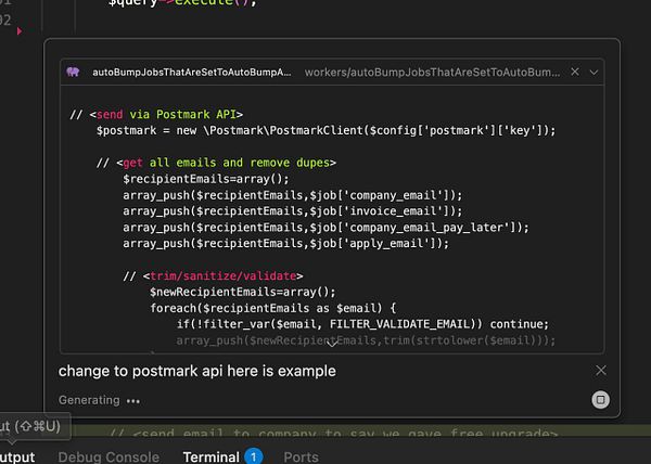 The image displays a code snippet for integrating the Postmark API in a programming environment.