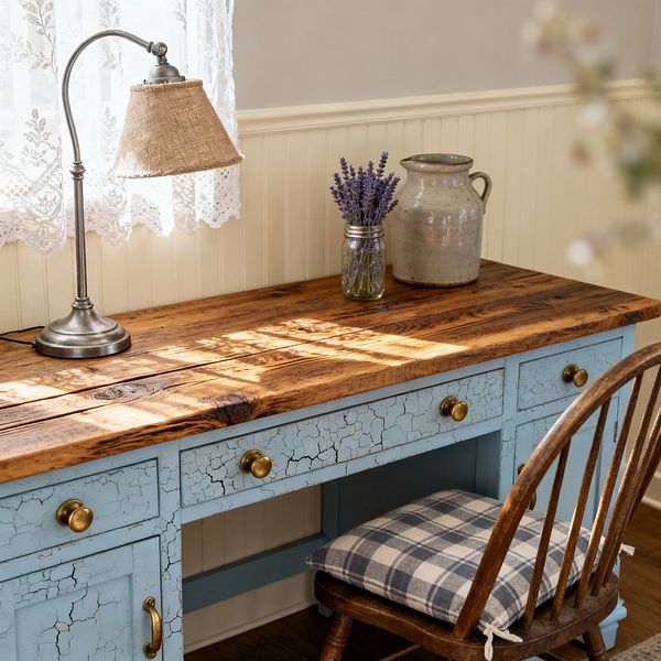 A farmhouse home office vignette shows a rustic desk with a reclaimed wood top and a crackle-painted light blue base with brass knobs, sunlight filtering through lace curtains and casting patterns across the surface. On the desk, a brushed-nickel lamp with a burlap shade stands beside a glass mason jar of lavender and a gray stoneware jug, while cream beadboard, a soft greige wall, and a wooden spindle chair with a blue-and-white check cushion complete the scene.