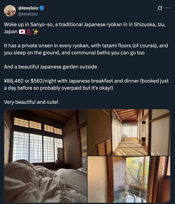 The image features a cozy traditional Japanese ryokan with a serene interior and beautiful garden views.