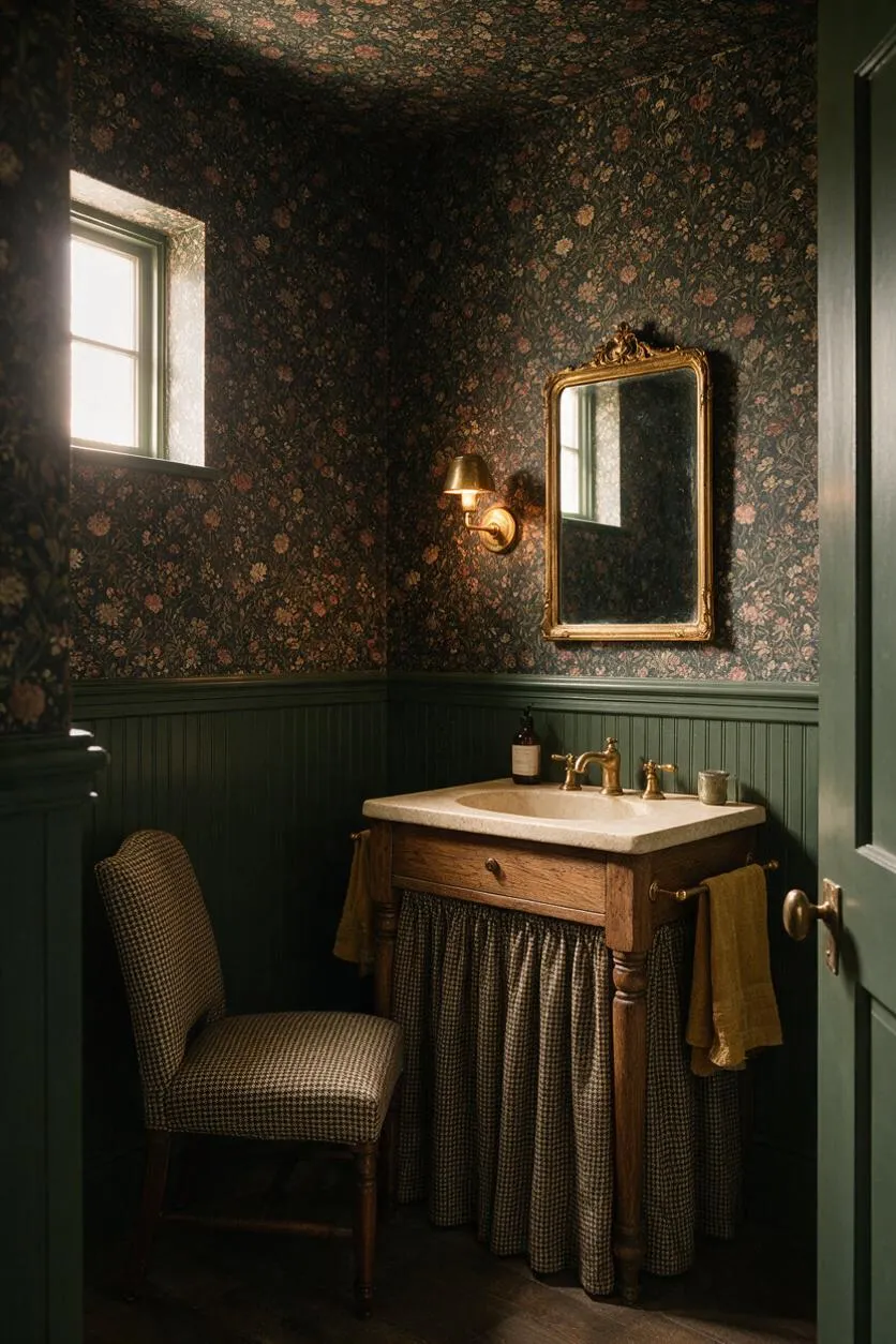 A small powder room with dark floral wallpaper, deep green wainscoting, and a vintage-style oak vanity topped with a light stone sink. An ornate gold-framed mirror and brass wall sconce hang above the sink, while a patterned upholstered chair sits beside the vanity under soft natural light from a small window.