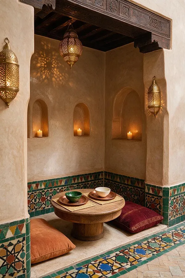 A Moroccan-style nook with plaster walls, carved wooden ceiling trim, and three recessed arches each holding a candle. Brass lanterns hang on the walls and ceiling, casting patterned light. A low round wooden table sits on woven mats, surrounded by floor cushions in rust and burgundy, with colorful geometric zellige tile framing the base of the walls.