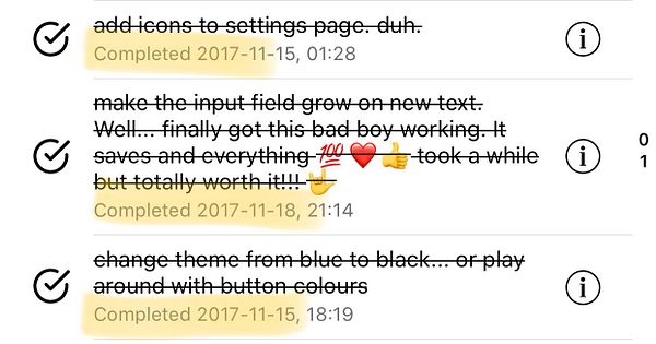 The image shows a list of completed tasks with completion dates out of chronological order.