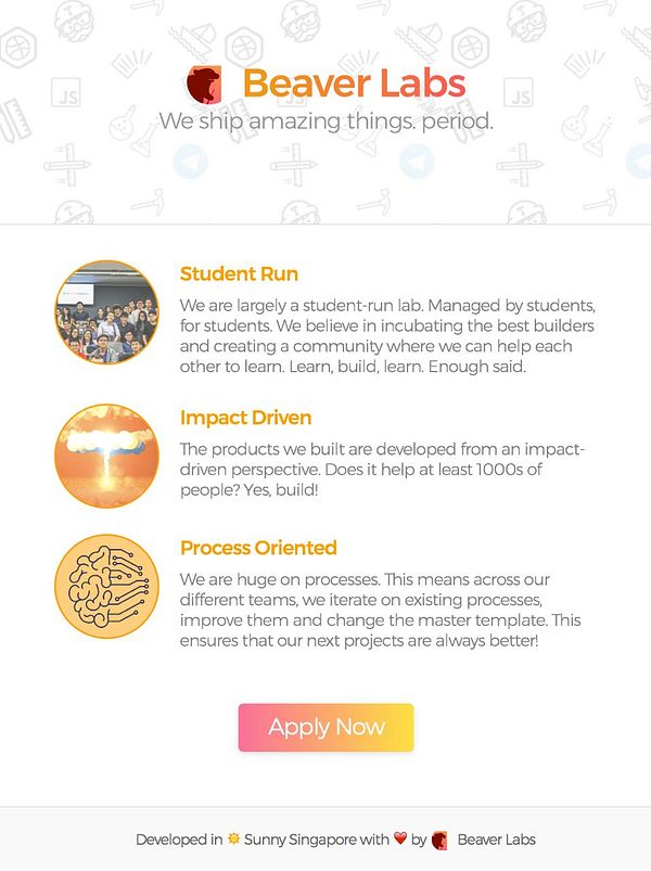 The image is a hi-fi mockup for Beaver Labs, highlighting their core values and a call to action.