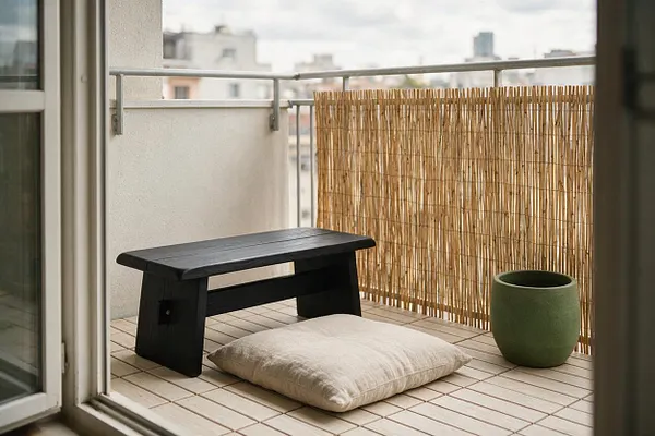 A small Japandi-style balcony with pale tiled flooring, a low black wooden bench, a beige floor cushion, and a green ceramic planter. A bamboo privacy screen lines the railing, with soft neutral walls and an open doorway framing the calm outdoor space.