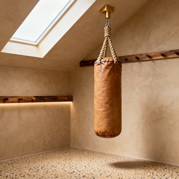 A minimalist home gym with a tan leather punching bag suspended by thick natural rope and a brass ceiling mount. Warm beige, subtly textured plaster walls feature a walnut peg rail with concealed LED lighting, while a large skylight floods the room with daylight. The floor is sandy terrazzo with dark aggregate, creating a calm, uncluttered workout space with natural materials and soft, even illumination.