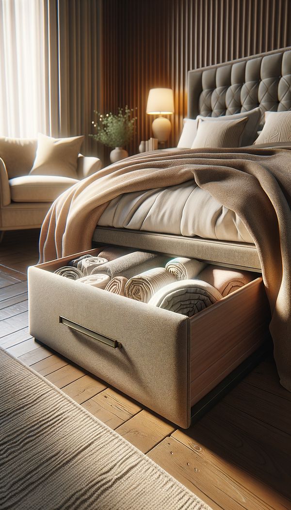 A cozy bedroom featuring a cushion drawer at the foot of the bed, upholstered in a soft, textured fabric that matches the room's [[decor]]. The drawer is open, revealing neatly organized bedding inside.