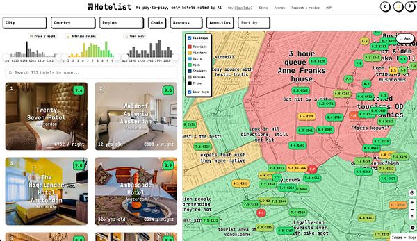 A map displaying color-coded regions with numbered tags representing a hotel list and potential Hoodmaps data points.