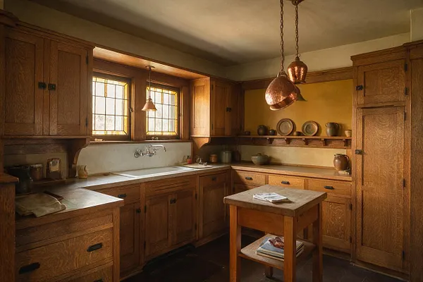 A cozy Craftsman-style kitchen with rich wood cabinets surrounding a corner sink beneath leaded glass windows. The room includes open shelves with pottery, a small central prep table, a white backsplash, and copper pendant lights that add warmth to the earthy palette.