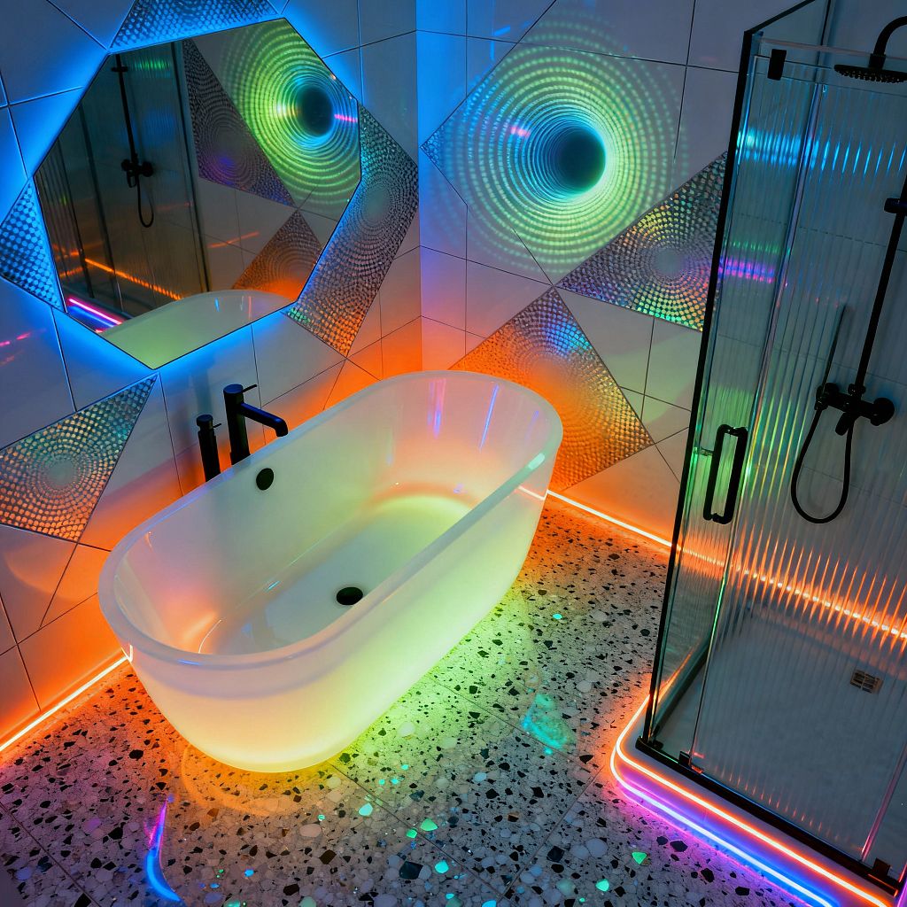 Bathroom with a freestanding white tub on gray terrazzo flooring, bordered by rainbow LED strips that line the baseboards and tub plinth. A fluted-glass corner shower with matte-black hardware sits to the right. The walls are tiled in white ceramic triangles arranged in diamond motifs with optical ripple graphics, reflecting multicolor light. An angular backlit mirror echoes the geometry. The entire space glows in saturated blues, greens, yellows, and magenta, creating a vivid psychedelic atmosphere.
